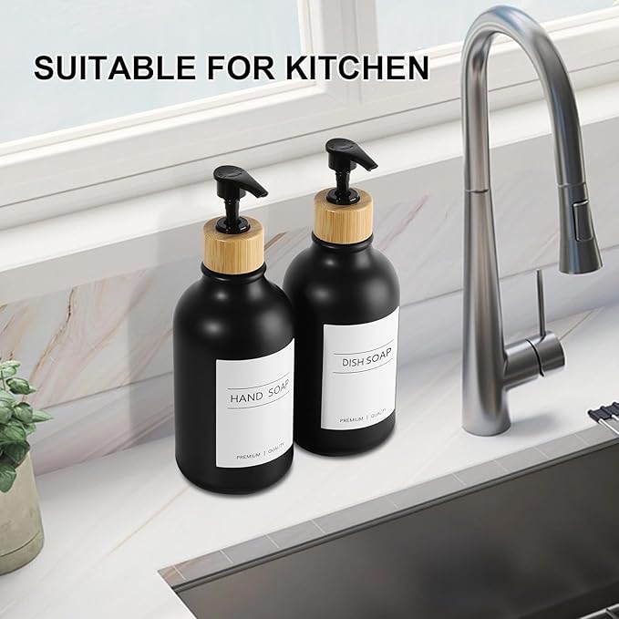 Black Soap Dispenser, 4 Pack Hand Soap Dispenser Bathroom with Bamboo Pump,17 Fl Oz Plastic Hand and Dish Dispenser Set for Kitchen, Refillable Liquid Soap and Lotion Dispensers Bottle