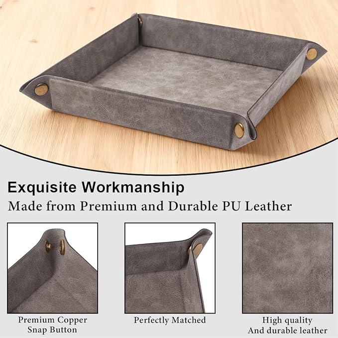 WAYIFON Valet Tray Desktop Storage Organizer – Premium PU Leather Catchall Bedside Vanity Tray Nightstand Caddy Holder for Remote Controller, Keys, Phone, Wallet, Coin, Jewelry,Grey