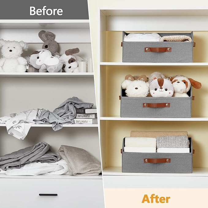 Closet Organizers and Storage, Linen Trapezoid Storage Bins with Handles, Collapsible Shelf Organizer for Blanket, Towel, Clothes, Hats, Purse (Gray)