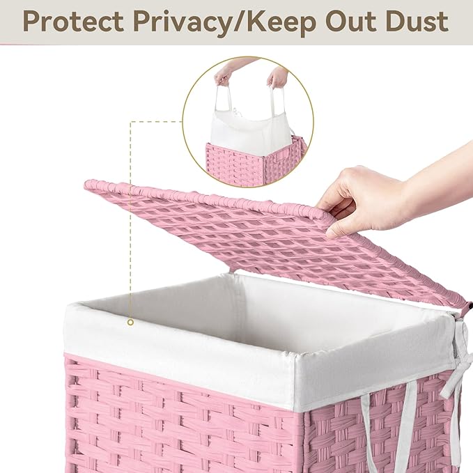 Chrislley 90L Slim Laundry Hamper with Wheels, Rolling Laundry Basket with Lid and Renovable Liner Bag, Handwoven Rattan Organizer for bedroom, bathroom, laundry room (Pink)
