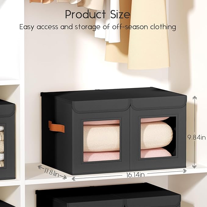 Large Closet Storage Bins - Collapsible Divided Clothes Organizer with Lids & Dual Window, Fabric Organizing Bins for Clothes, Sweater, Bedroom, Office (Black, 3 Pack)