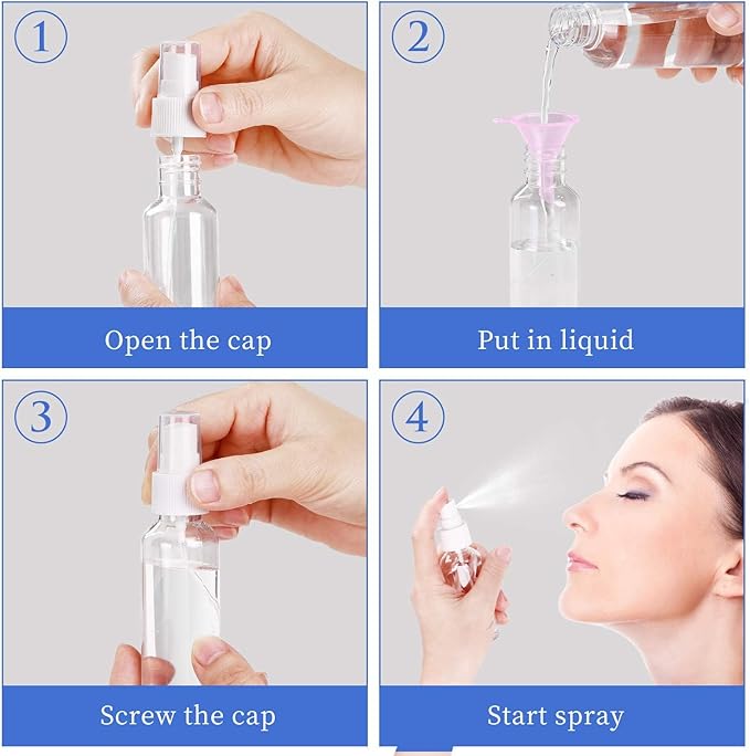 24 Pcs Spray Bottles 2oz / 55ml Clear Empty Mini Spray Bottles Refillable Container Pocket Size Sprayer Set Essential Oils Travel Cleaning Makeup Bottles with 2pcs Funnels 32pcs Labels