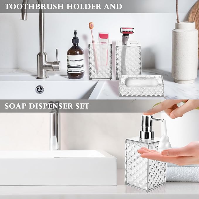 Bathroom Accessory Set, Grid Pattern 4 Pcs Plastic Bathroom Set Include Soap Dispenser, Soap Dish, Toothbrush Holder, Mousewash Cup, Modern Bahtroom Décor Set(White)