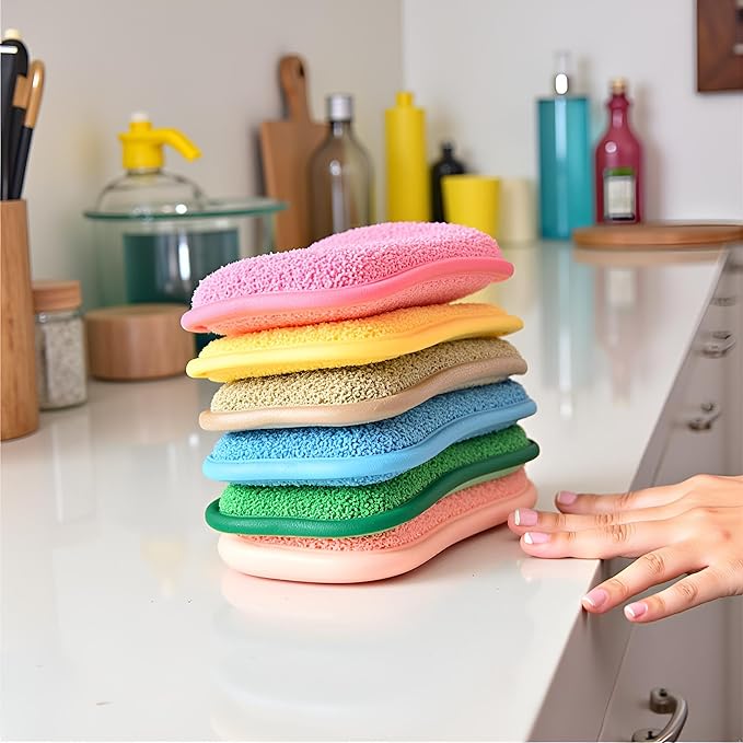 Multipurpose Kitchen Scrub Sponges, Heavy Duty Cleaning Non-Scratch Scrub Sponge, Reusable Microfiber Sponge for Household Cleaning, Six Color Packaging (6pcs)