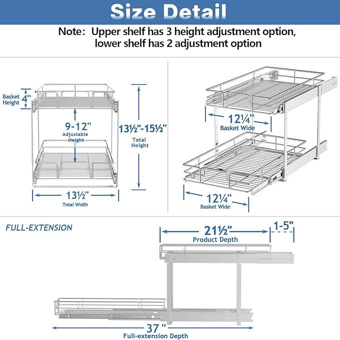 MODCART 2 Tier Individual Pull Out Cabinet Organizer 13½" W x 21½" D, Heavy Duty Cabinet Pull Out Shelves, Slide Out Drawers Organization for Kitchen Cabinets Bathroom