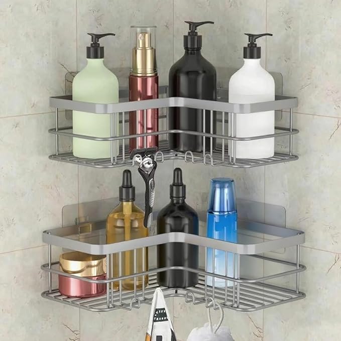 Yazoni Corner Shower Caddy, Adhesive Shower Shelves No Drilling [2-Pack], Rustproof Stainless Steel Bathroom Shower Organizer with 8 Hooks