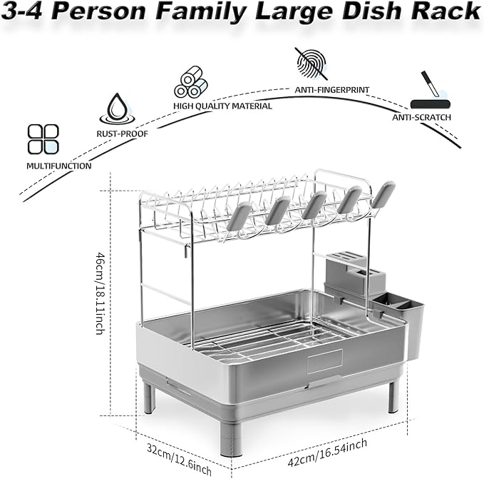 Dish Drying Rack, 2 Tier Large Dish Rack, Stainless Steel Dish Drainer for Kitchen Counter, Dishes Rack with Automatic Drainage, Utensil Holder&Cups Holder,Space Saving Kitchen Organizer,Gray