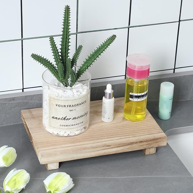 Nuogo Wood Riser Tray Soap, Stand Soap Tray for Kitchen Sink, Wood Pedestal for Kitchen Counter Sink Stand Decorative Rustic Bathroom Dishes Plant Bottles Candles Display(12 x 7 Inch,Natural)