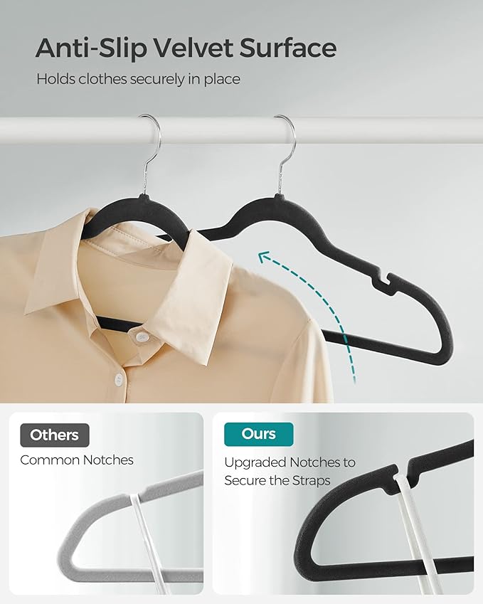 SONGMICS Velvet Hangers 100 Pack, Non-Slip Clothes Hangers with Shoulder Notches, Pants Bar, 360° Swivel Hook, Space-Saving, for Closet, Ink Black UCRF029B010