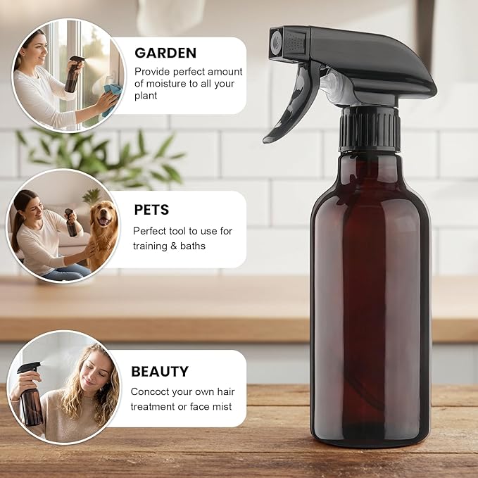 Glass Spray Bottles 12oz Empty Spray Bottle Mist/Stream Spraying Small Refillable Containers for Hair Care, Cleaning Solutions, Plants, Essential Oils 1 Pack (Brown-1, 12oz)