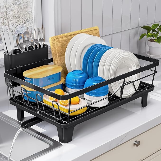 Dish Drainers for Kitchen Counter - Large Capacity Dish Drying Rack with Drainboard, Rustproof & Sturdy Design, Black Dish Rack Perfect for Plates, Cups & Kitchen Countertop Organization