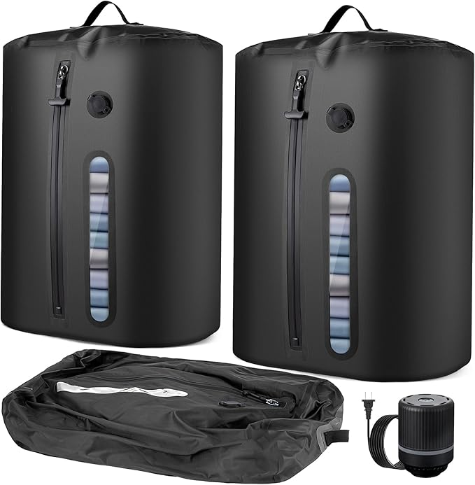 Vacuum Bags for Travel with Pump, Vacuum Packing Cubes for Travelers, Vacuum Seal Bags for Clothing, Reusable IP68 Waterproof Airless Travel Bags for Luggage, Suitcase (Black 2PC + Pump)