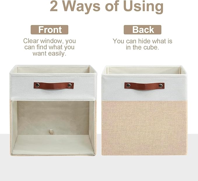 Storage Cubes, 4 Pack Linen Foldable Storage Bins with Clear Window and 2 Handles, 13x15x13 Storage Cube Bins for Shelf Closet, Kallax, Clothes, Books - (Beige and White)