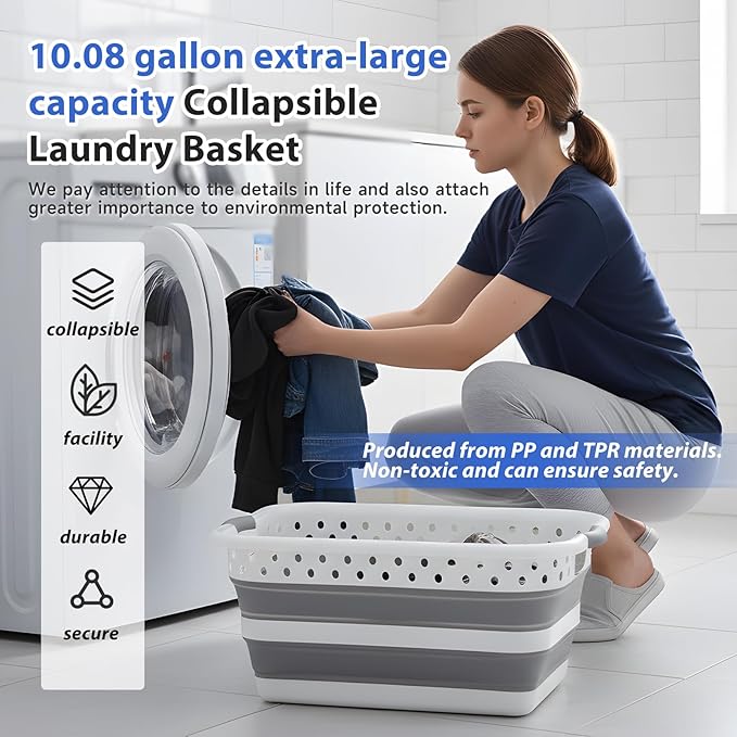 Monozuki Collapsible Plastic Laundry Basket 11.1 gallon(42L) Eco-recycled material - Foldable Pop Up Storage Container/Organizer - Space Saving Hamper/Basket BPA Free