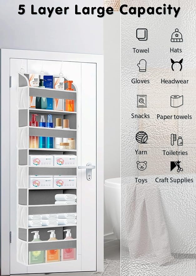1 Pack Over The Door Storage Organizer with 5 Pockets 10 Mesh Side Pockets, 44 lbs Weight Capacity Door Hanging Organizers and Storage for Bedroom,Bathroom,Nursery,Pantry,Dorm(Light Gray)
