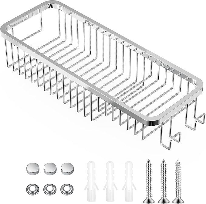 TENOVEL Wire Basket Wall Mount,Corner Shower Caddy 304 Stainless Steel,Bathroom Shower Organizer Soap Caddy,Polished Finish，Long Basket