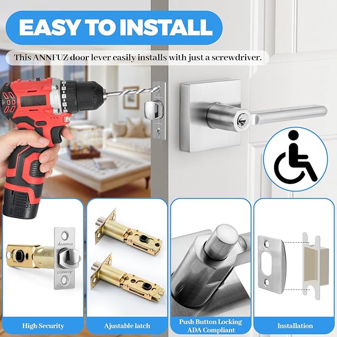 Entry One-Touch Push Button Locking Door Handle Lock with Keys,Non-Handed Opening,Entrance Reversible Left Right Lever for Interior/Exterior Front Door, ADA-Compliant Knob,for Office,Bedroom
