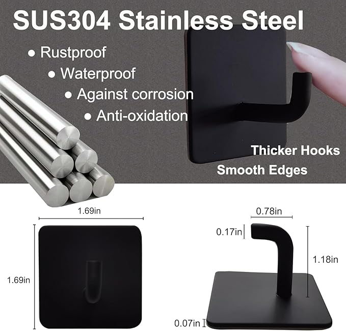 Bathroom Towel Hooks Drill Free Adhesive Hooks for Hanging, Waterproof, Removable, Stainless Steel Heavy Duty Sticky Hook, 8 Pack