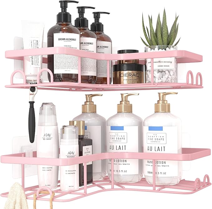 Corner Shower Caddy - 2 Pack, Adhesive Shower Organizers, Rustproof Stainless Steel Shower Shelves with 8 Hooks, No Drilling Bathroom Organizers and Storage Racks, Space-Saving, Pink, Large