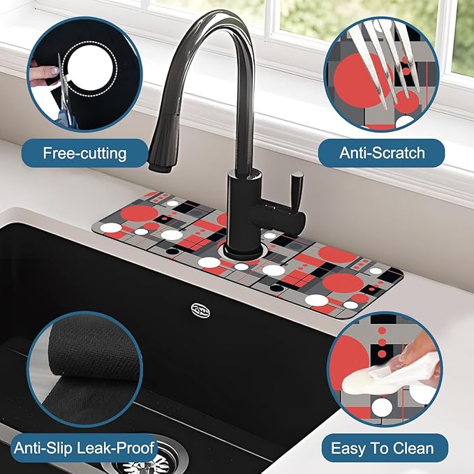 Abstract Geometric Sink Faucet Absorbing Mat Vintage Tile Super Absorbent Fast Drying Mat Sink Gadgets Behind Faucet Sinkmat for Kitchen Bathroom, 15.5"x5.5"
