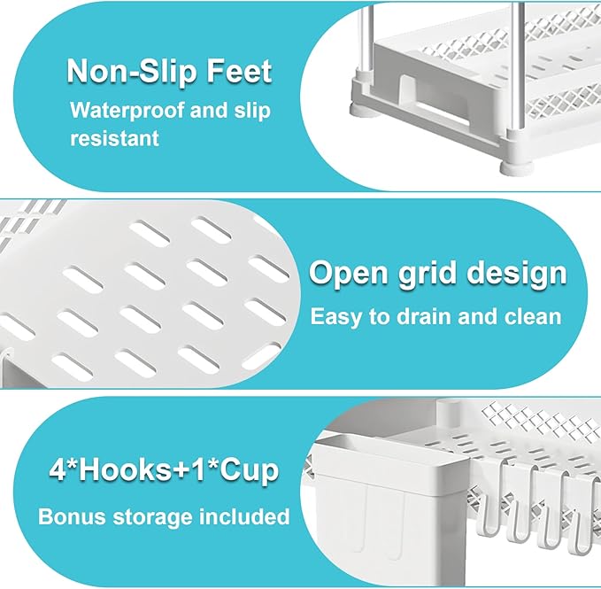 Under Kitchen Sink Organizer, 2-tier Under Sink Organizers and Storage for Kitchen & Bathroom, Multi-Purpose Pull Out Under Cabinet Organizer with Hooks Hanging Cup (White, 2 Pack)