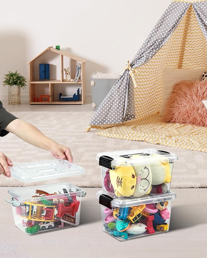 Plastic Storage Bins 7 Quart-Storage Organizer Bins with Grey Buckle Lids, Stackable Storage Bins with Lids for Home Office Kids Room Closet School Art Supplies Organization,6 Packs, Clear