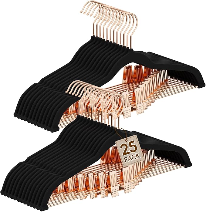 Velvet Hangers with Adjustable Clips 25 Pack, Space Saving, Non-Slip Slim Felt Clothes Hangers for Pants, Skirts, Dress, Suits, Heavy Duty Rose Gold Metal Hanger with 360° Swivel Hook (Black)