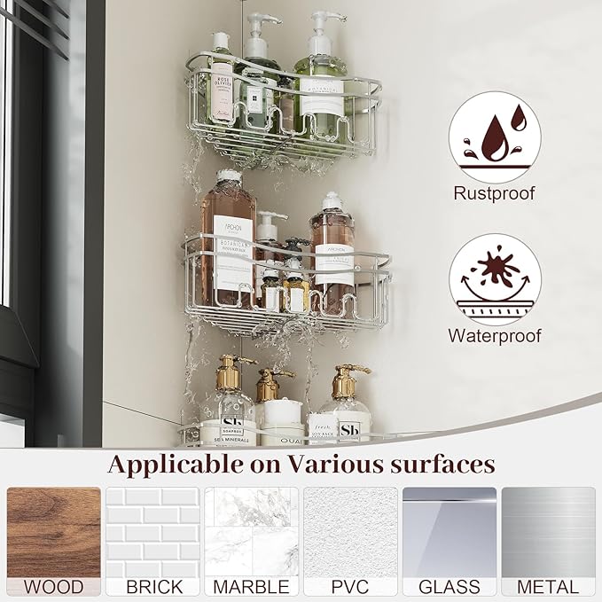 Chrome Shower Caddy Corner, 3-Pack Adhesive Shower Shelves for Inside Shower, Rustproof Bathroom Organizer Corner with Built-in Hooks, No Drilling Bathroom Storage for Bath Accessories