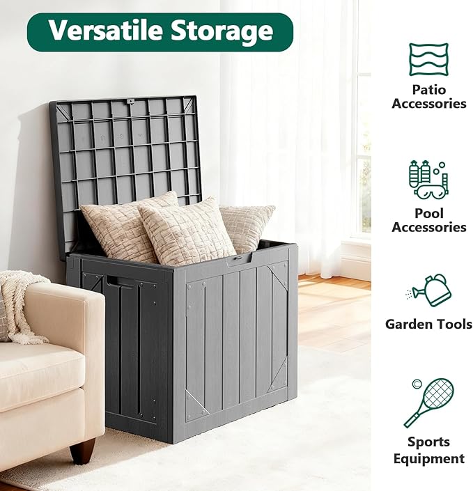 Outdoor Storage Box,30 Gallon Deck Box Outdoor Storage Bench Outside Waterproof Resin Storage Bench, Lockable Patio Cushions, Garden Tools Storage For Furniture, UV Resistant(Gray