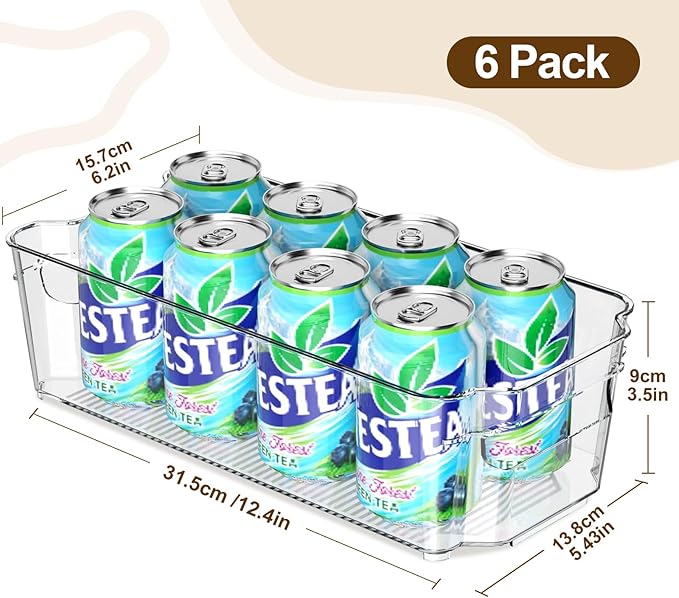 Clear Fridge Organizer, Refrigerator Organizer Bins with Handle, Freezer, Kitchen Cabinet, Pantry Organization, BPA Free Fridge Organizers (12.4 inch 6 Pack)