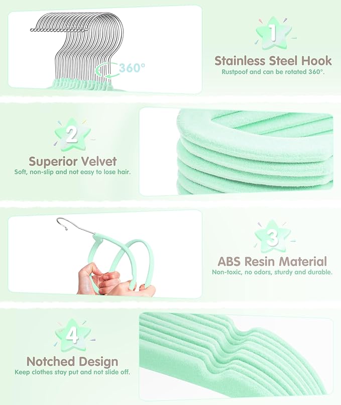 VIS'V Baby Hangers, 11 Inch Velvet Kids Hangers with 6 Pcs Clothes Size Dividers, Infant Toddler Nursery Closet Organization, Non Slip, Mint Green, 30 Pcs