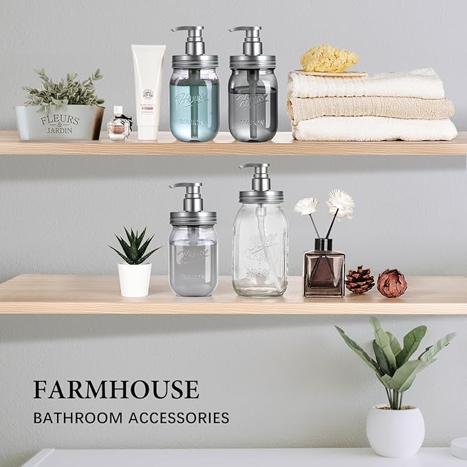Amolliar Plastic Mason Jar Soap Dispenser with Pump Lid,16OZ Refillable Hand Soap Dispenser Set with Cute Lables - Farmhouse Decor for Kitchen Bathroom, Liquid Soap, Dish Soap, Lotion (2 Pack, Silver)