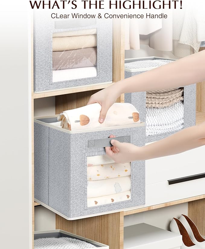 Foldable Storage Cubes - Cubby Storage Organizer with Window, Decorative Baskets for Organizing, 11 Inch Fabric Cube Shelf Bins, Set of 10, Light Gray