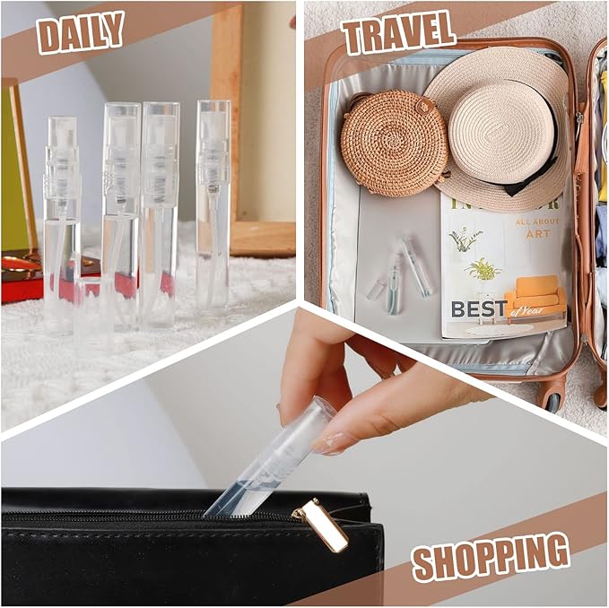 Fandamei 60PCS 5ml Mini Spray Bottle, Mini Clear Plastic Spray Bottle Empty, Fine Mist Refillable Mini Perfume Bottle, Perfume Atomizer, Small Empty Sample Containers, Plastic Portable Travel Bottle