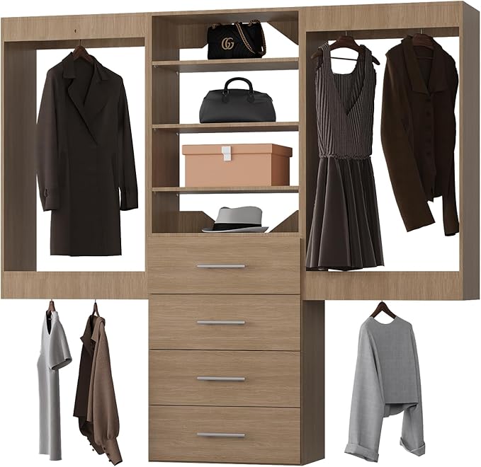 Modular Closet, 96" Wide Organizer with Hanging and Drawers, Wood Tower for Walk-In Closets, Wall-Mounted Organizer Kit