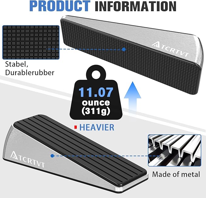Heavy Duty Door Stopper Wedge - 1 Pack Big Size Door Stop Wedge Made of Aluminum Alloy Metal Suits Any Door, Any Floor with Set of 2 Plus Self-Adhesive Holder Satin Nickel Large Version