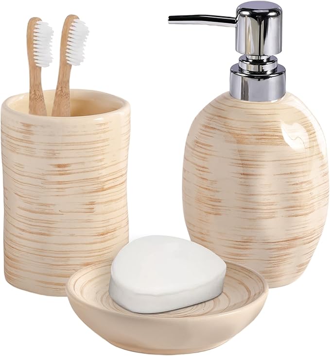 Bathroom Accessory Set of 3, Ceramic Bathroom Accessories Complete -Toothbrush Holders, Soap Dispenser, Soap Dish, Rustic Boho Bathroom Decor, Farmhouse Bathroom Organizer for Countertop