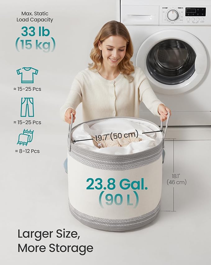 SONGMICS Laundry Hamper, Cotton Rope Laundry Basket with Handles, for Clothing, Living Room, Bedroom, 23.8 Gallons, 19.7 x 19.7 x 18.1 Inches, Cloud White and Dove Gray URLH090G01