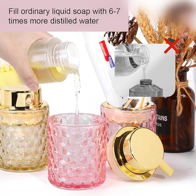 Pink Bathroom Accessories Set,2pcs Glass Bathroom Accessory Set with Foam Soap Dispenser and Toothbrush Holder,Gold Soap and Toothbrush Holder Sets,Perfect for Housewarming Gift,Home Decor