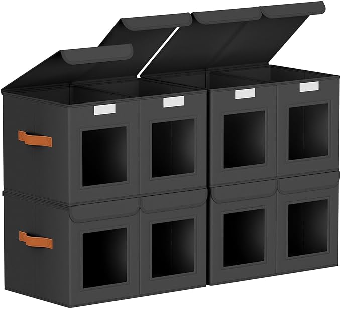 Large Closet Storage Bins - Collapsible Divided Clothes Organizer with Lids & Dual Window, Fabric Organizing Bins for Clothes, Sweater, Bedroom, Office (Black, 4 Pack)