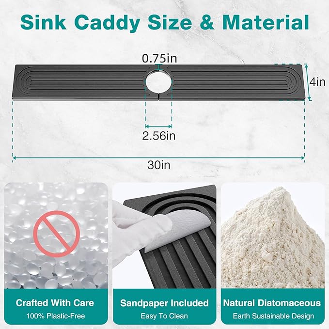 DK177 Faucet Mat for Kitchen Sink - Water Absorbing Stone Tray for Sink, Diatomite Fast-Drying Faucet Mat, Faucet Splash Guard for Bathroom Counter (Dark Gray, 30" x 4")