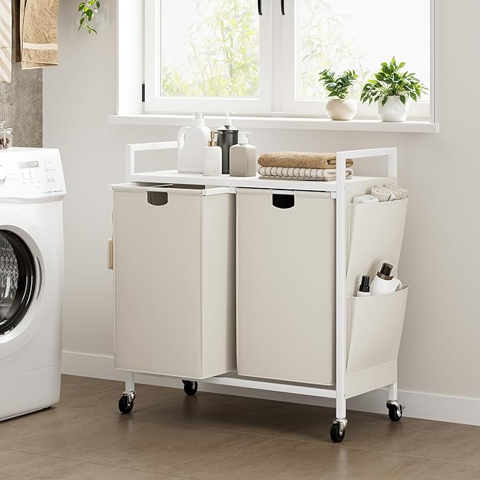 WOWLIVE Double Laundry Hamper with Lid,Rolling Laundry Basket Organizer with Wheels, Iron-Made Laundry Sorter with Top Shelf and 2 Removable Bags,Large Clothes Storage for Room,White