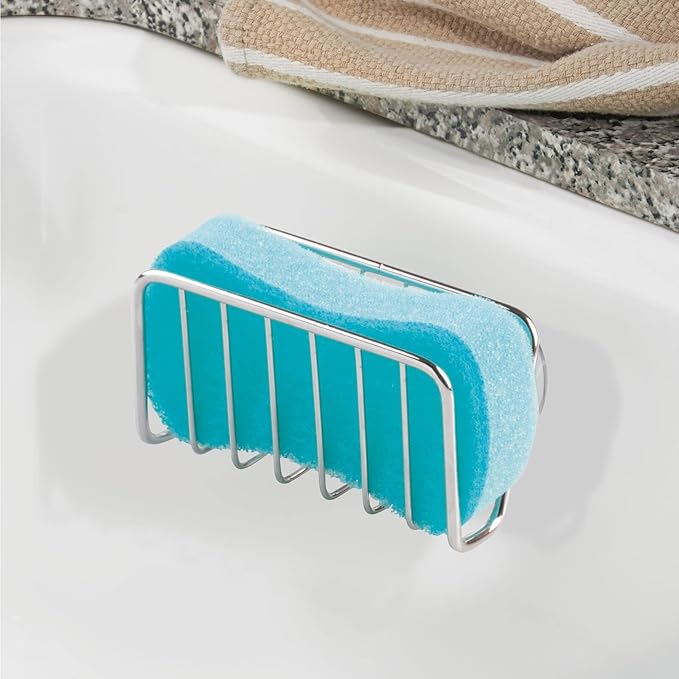 mDesign Metal Sponge Holder for Kitchen Sink with Suction Cups - Small Holder for Sponges in the Kitchen or Soap Holder in the Bathroom - Quick Drying Open Wire Basket - Ronde Collection - Chrome