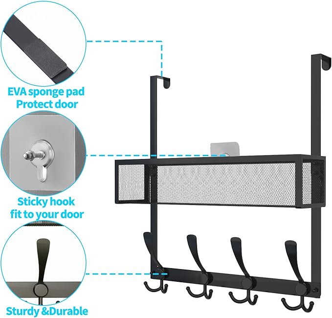 Kaiferty Over The Door Hooks Organizer,Over Door Hanger Towel Rack Mesh Basket with 12 Hooks,Back of Door Storage Organizer for Bedroom,Bathroom,Kitchen,Office(Black)