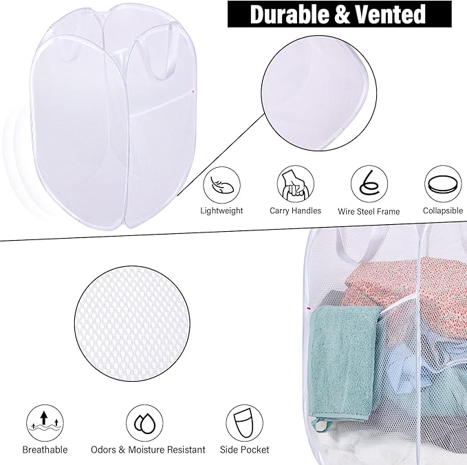 BATTOO Deluxe Strong Mesh Pop up Laundry Hamper Basket with Side Pocket for Laundry Room, Bathroom, Kids Room, College Dorm or Travel 3 Pack White
