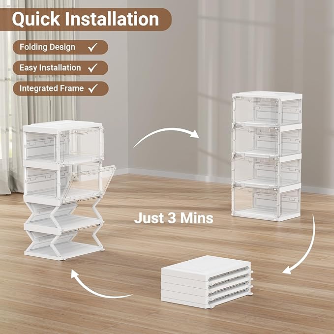BROVIEW Led Shoe Boxes - Foldable Shoe Storage Case with Lights, Voice Activated, 2 Row 4 Tier White
