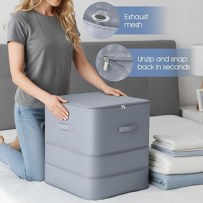 2 Packs Storage Bags Large Capacity Space Saving Zipper Compression Organizer Multifunctional Comforter Storage Bag for Comforters Blankets Bedding and Seasonal Clothing Gray