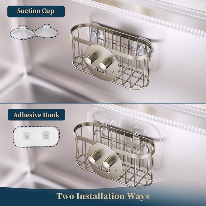Consumest Sponge Holder Smiley Face - Kitchen Sink Caddy, Sink Organizer with Removable Suction Cups & Adhesive Strips, Suit for Sponge, Soap, Sand Nickel