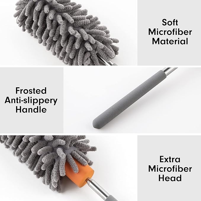 Microfiber Duster for Cleaning, Tukuos Hand Washable Dusters with 2pcs Replaceable Microfiber Head, Extendable Pole, Detachable Cleaning Brush Tool for Office, Car, Window, Furniture, Ceiling Fan