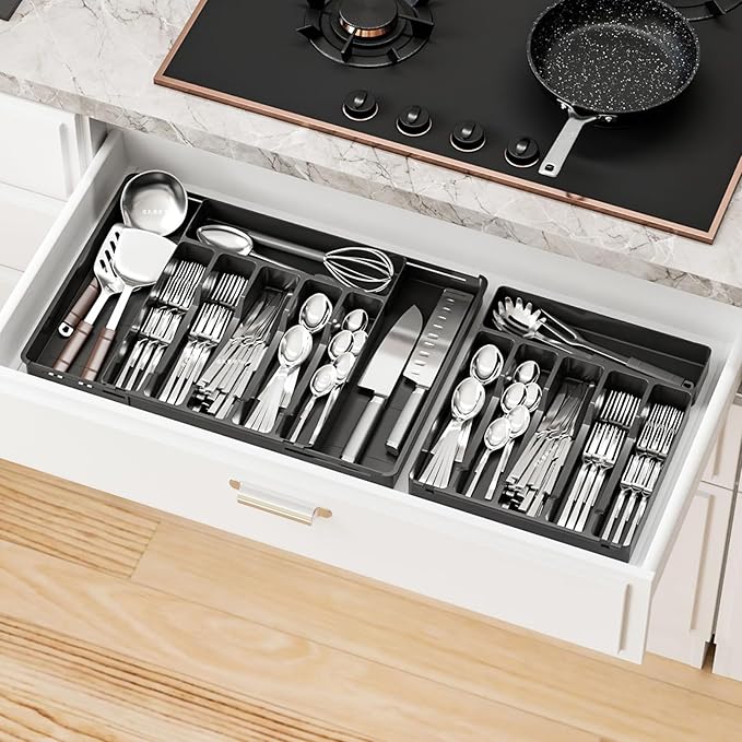 Yieach Black Expandable Silverware Drawer Organizer - Adjust From 11'' to 22'' - Knife,Cutlery,Spoons and Forks Organizer,Large 8 Grid Flatware,Silverware Tray,Utensil Organizer for Kitchen Drawers